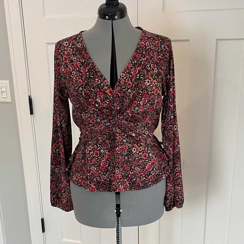 Kaileigh Black and Pink Floral Wrap Blouse